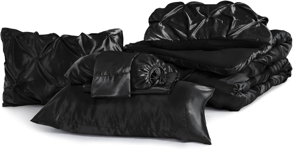 BEDELITE Satin Comforter Set Queen Size, 7 Pieces Pintuck Bed in a Bag with Comforter, Flat Sheet, Fitted Sheet, Pillowcases, Shams, Soft Cozy Similar to Silk Bed Set for All Seasons (Black)