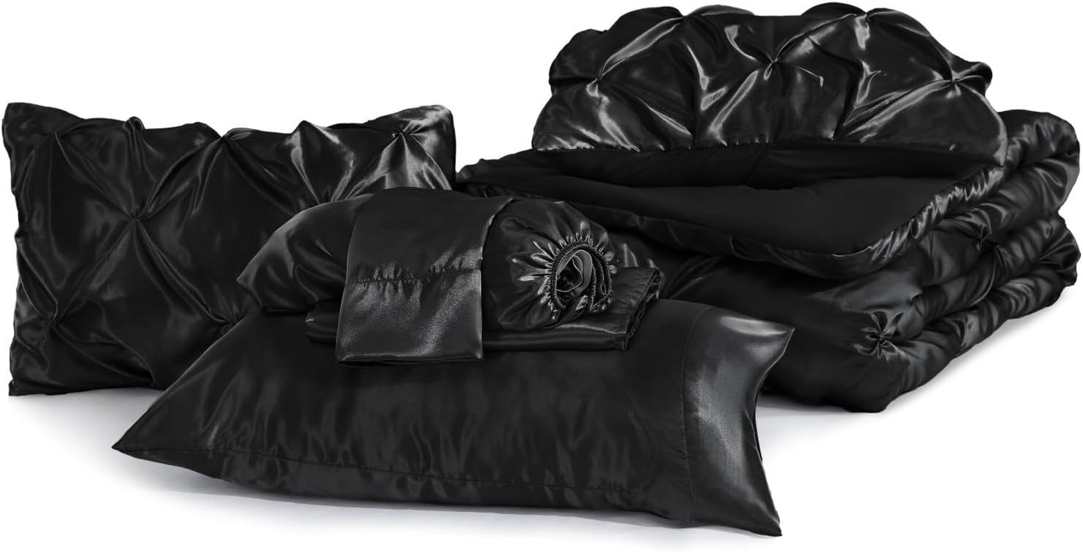 BEDELITE Satin Comforter Set Queen Size, 7 Pieces Pintuck Bed in a Bag with Comforter, Flat Sheet, Fitted Sheet, Pillowcases, Shams, Soft Cozy Similar to Silk Bed Set for All Seasons (Black)