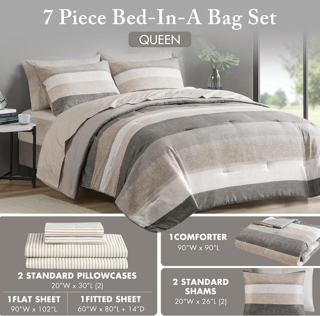 Madison Park Essentials Queen Comforter Set, Bed in a Bag Comforter & Sheet Set, Modern Casual Stripes Print, All Seasons, Soft Microfiber Bedding Makeover, Matching Shams, Queen Taupe/Grey 7 Piece
