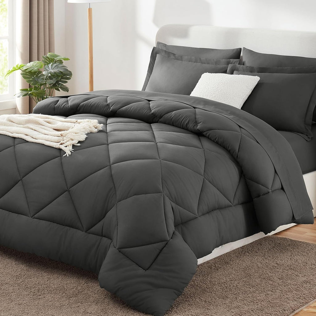 Cozylux Queen Comforter Set Dark Grey - Bed in a Bag Queen Size 7 Pieces, Luxury Soft Bed Set for All Seasons, Bedding Set with Comforter, Sheets, Pillowcases & Shams, Dark Gray, Queen
