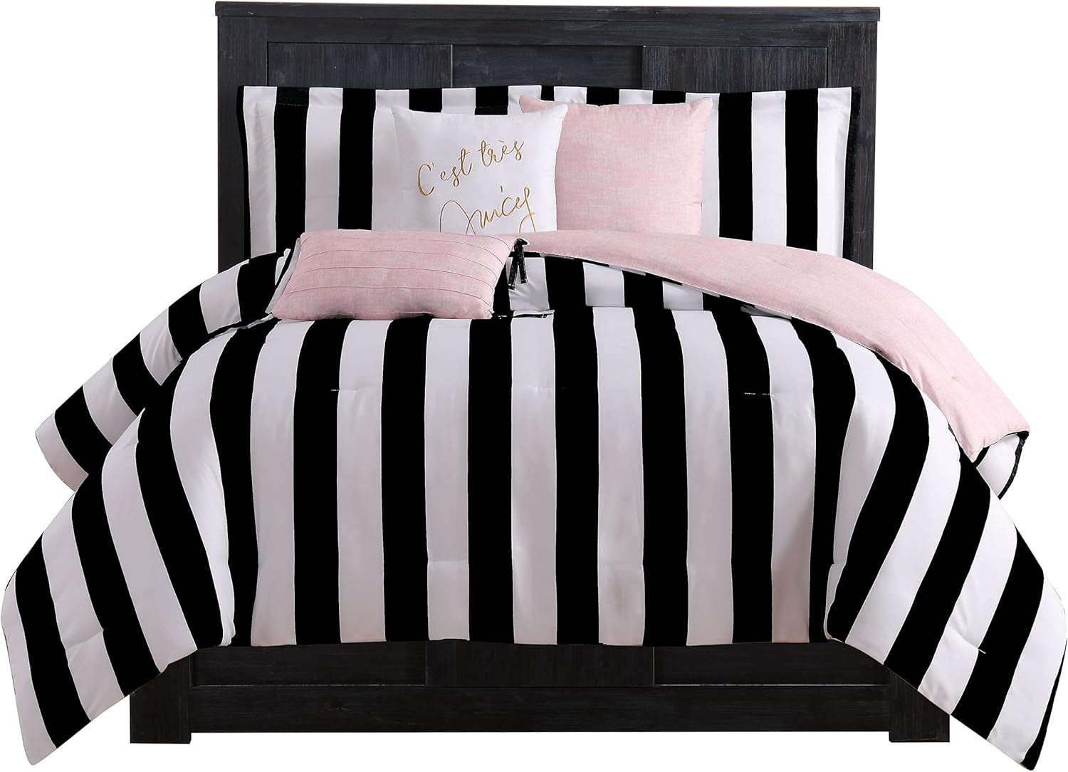 Juicy Couture Cabana Stripe Reversible Bedding Set - Queen Size - Black and White Stripe Print – 6 Piece Set – Includes 1 90" X 90" Comforter, 3 Decorative Pillows, 2 Shams