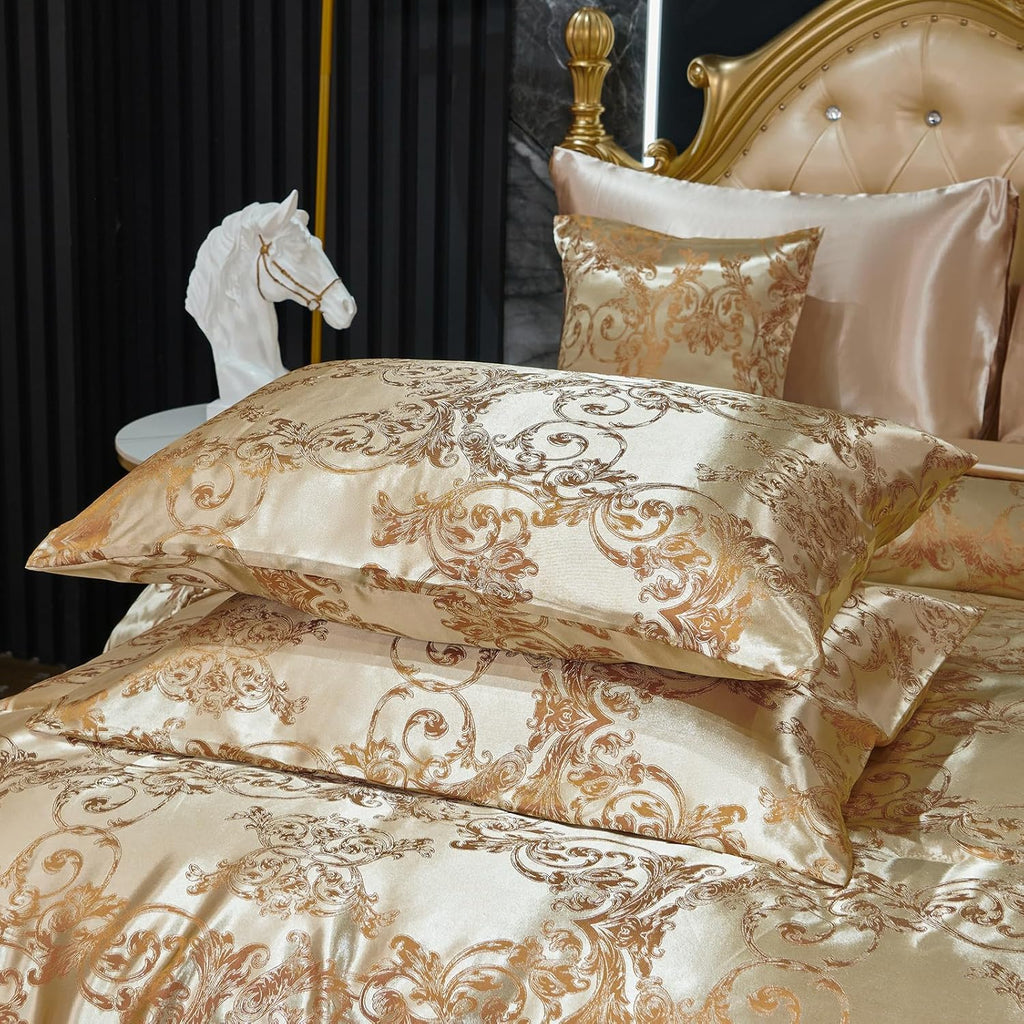 Queen Size 8-Piece Jacquard Comforter Set with Satin Sheets Set – Elegant Coordinated Bedding Collection for Bedroom