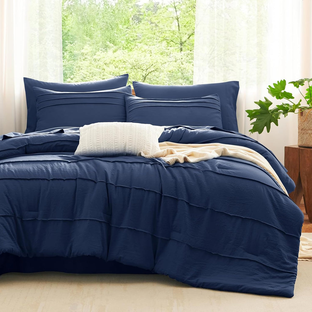 Cozylux Queen Comforter Set Navy Blue, 7 Pieces Soft Pinch Pleat Bed in a Bag Queen Comforter Set with Sheets, Boho Bed Set with down Alternative Comforter, Sheets, Pillowcases & Shams