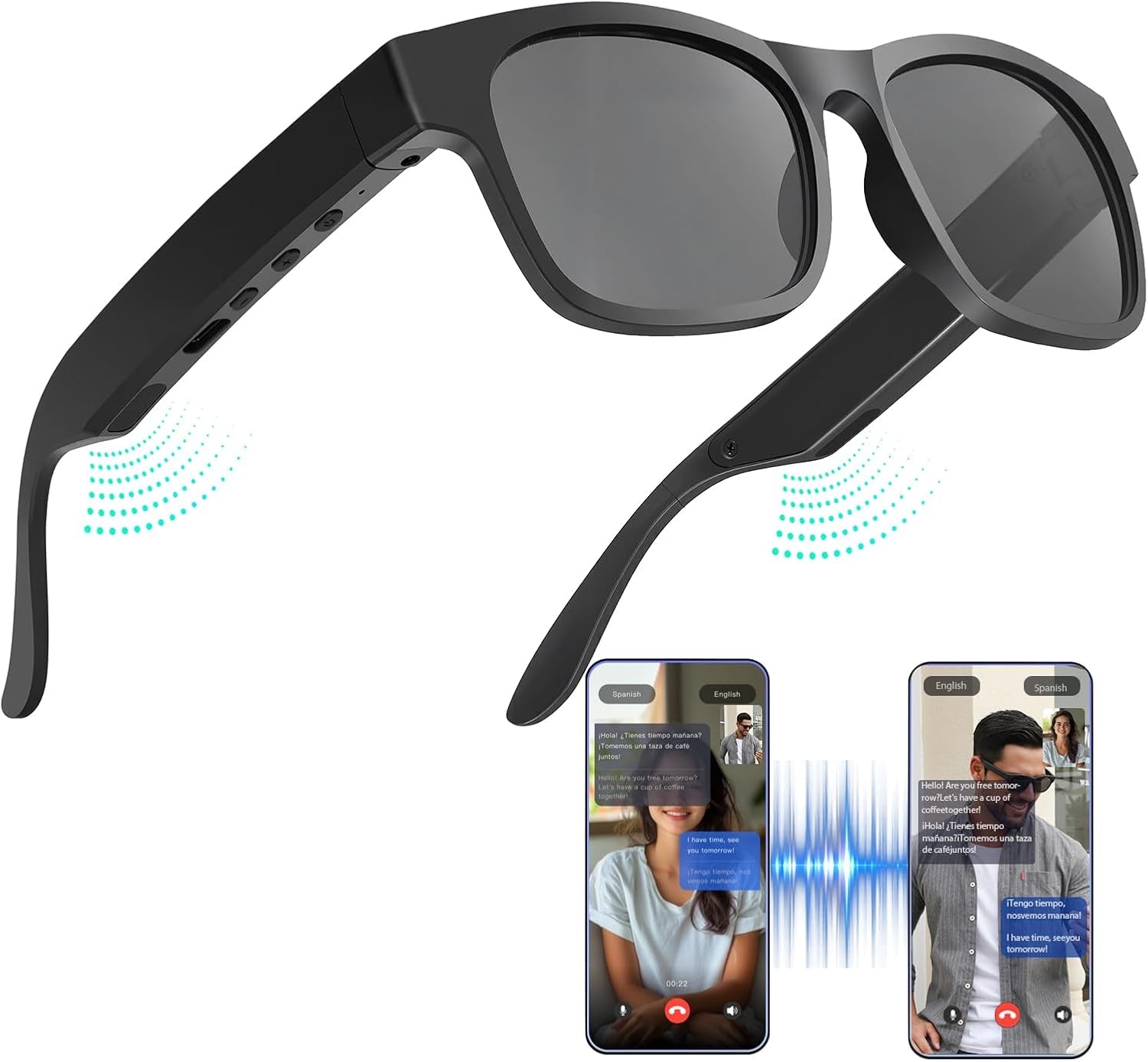 AI Smart Glasses, AI Dialogue Voice Wake-Up, 115 Language Translation, Simultaneous Interpretation, On-Site Recording Translation, Use Mobile App Audio and Video Translation, Conference Translation