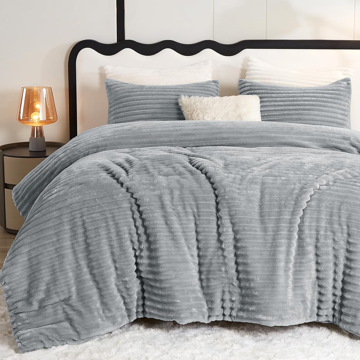 Cozylux Fluffy Queen Comforter Set - Super Soft Faux Fur Grey Comforter Queen Size, Winter Warm Fleece Bedding Set, 3 Pieces Plush Fuzzy Bed Set (1 Shaggy Comforter, 2 Pillowcases)