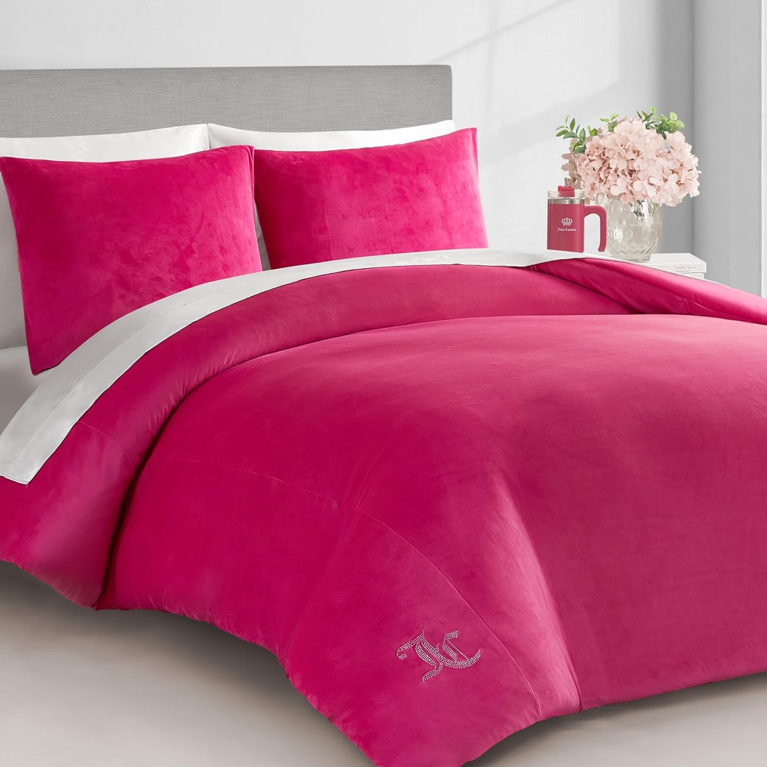 Juicy Couture Hot Pink Velour Full/Queen Comforter Set - 3 Piece Luxury Bedding Ensemble