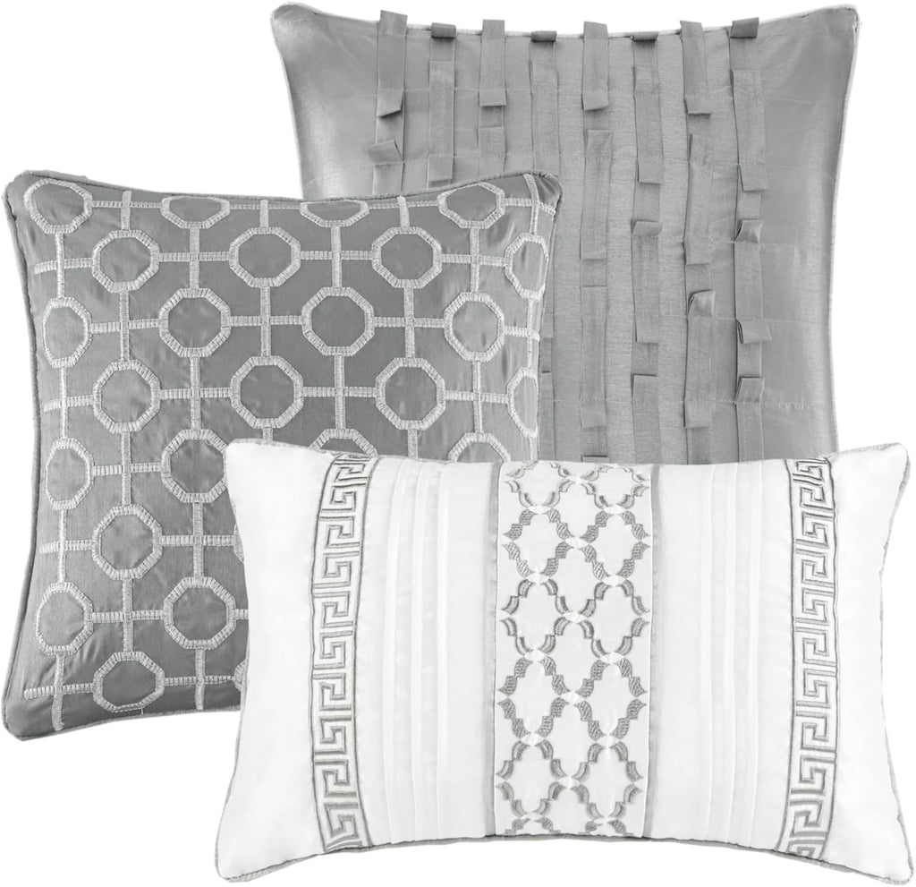 Madison Park Luxury Comforter Set-Traditional Jacquard Design All Season down Alternative Bedding, Matching Bedskirt, Decorative Pillows, Queen(90"X90"), Bennett, Geometric Grey 7 Piece