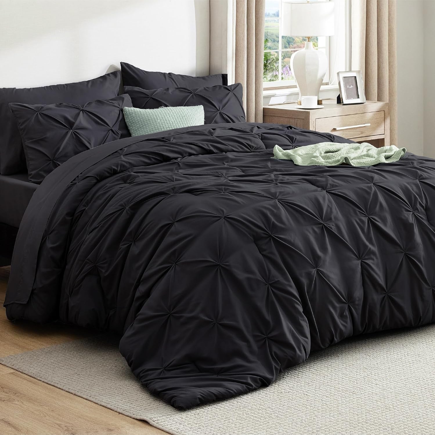 Bedsure Black Comforter Set - Bed in a Bag Queen Size Gothic Bedding 7 Pieces, Gentlesoft™ Pintuck Bed Set Gift for Family, All Season down Alternative Comforter with Sheets, Pillowcases & Shams