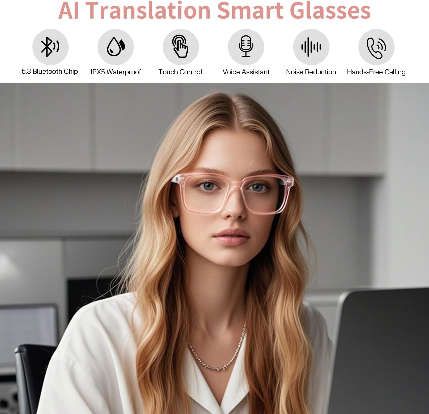 AI Smart Glasses for Women Men, Clear Frame Blue Light Glasses, Real-Time Translation（160+Languages), Photo Translation, No Subscription, Bluetooth 6.0 AI Translation Glasses for Business Travel-Pink