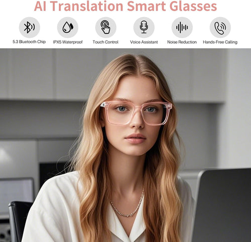 AI Smart Glasses for Women Men, Clear Frame Blue Light Glasses, Real-Time Translation（160+Languages), Photo Translation, No Subscription, Bluetooth 6.0 AI Translation Glasses for Business Travel-Pink