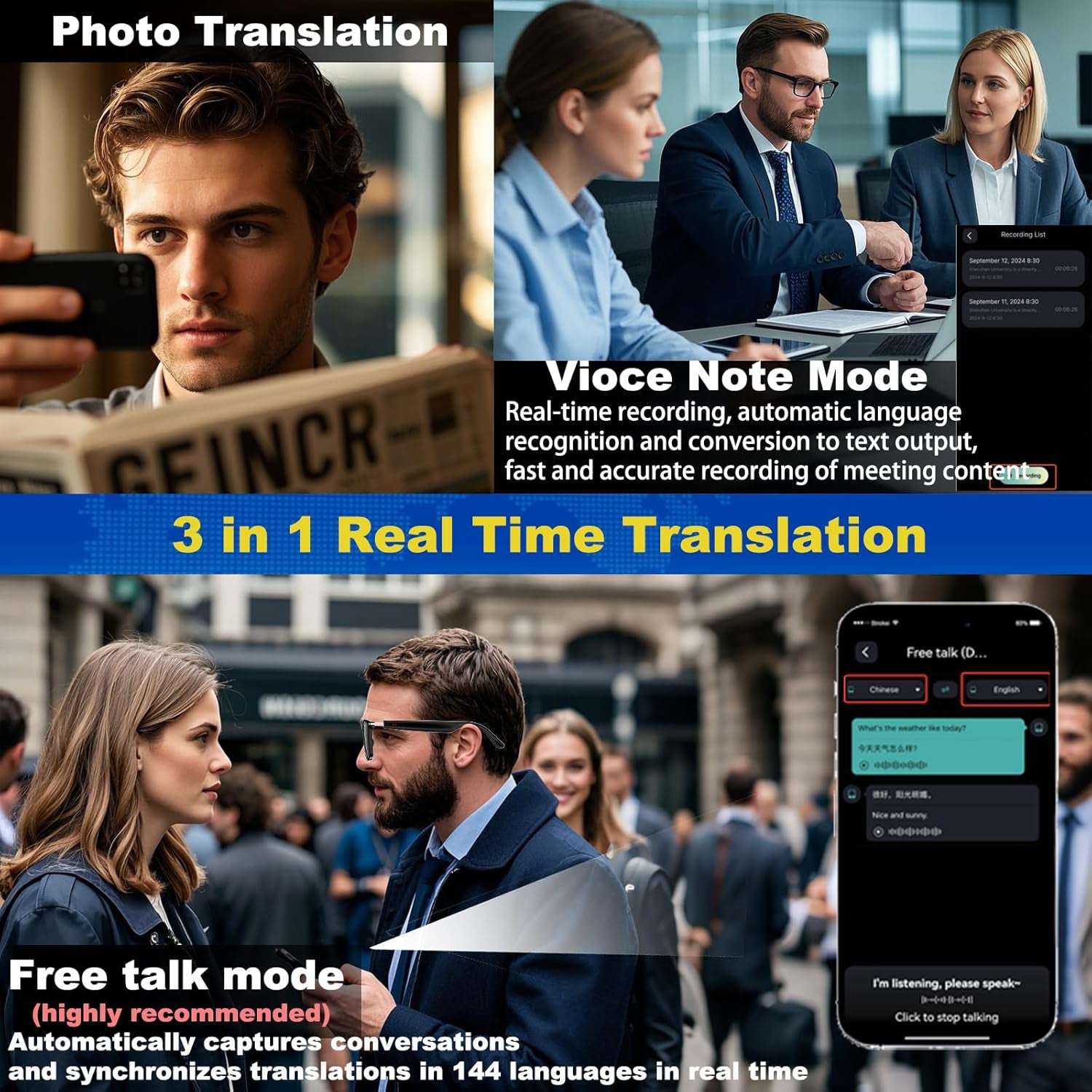 Ai Smart Glasses Bluetooth 5.4 with Translation for Men Women 160+Languages Color-Change Lens Power by Chat GPT Assistant Free App Translator Glasses Meeting,Driver,Travel
