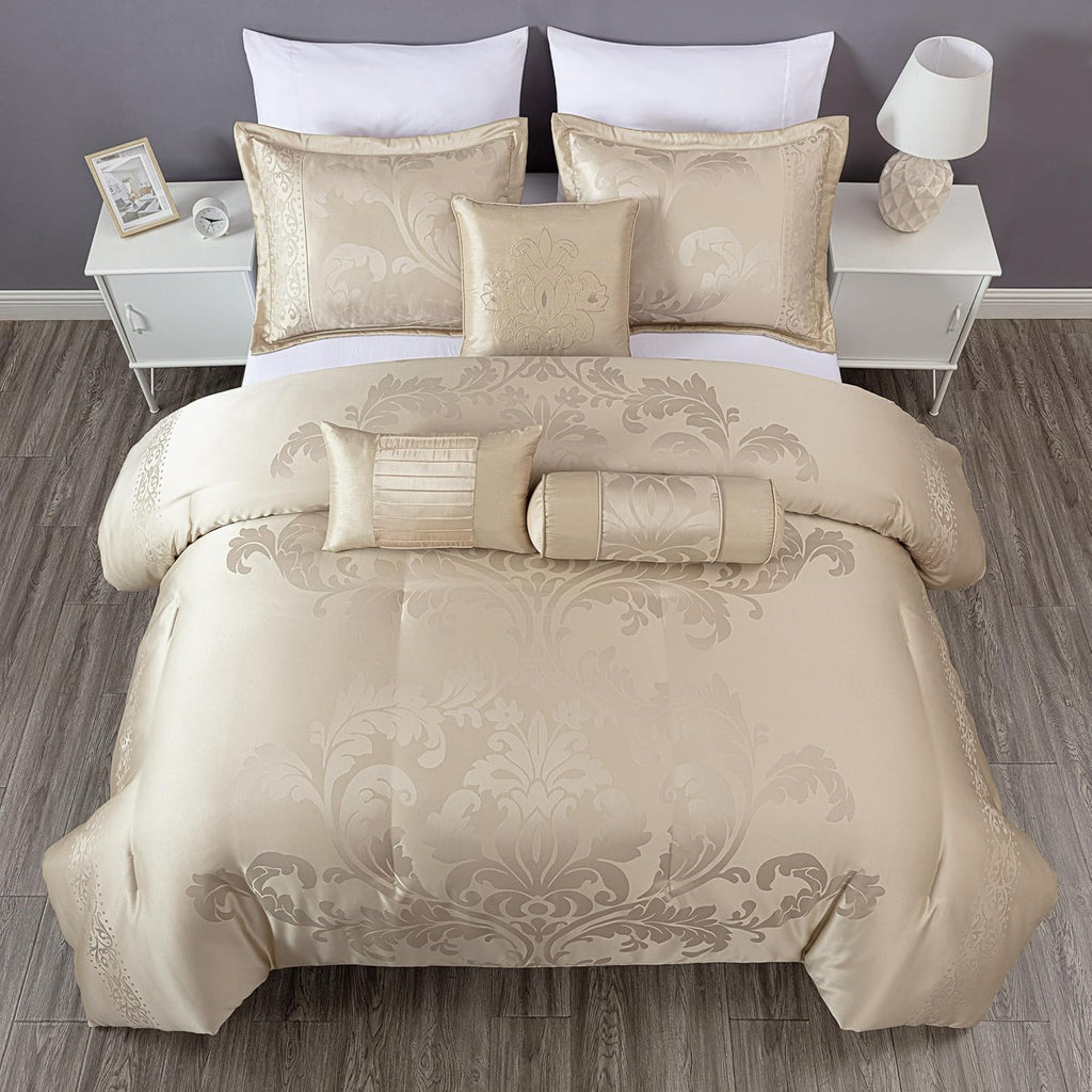 Chezmoi Collection Royale 7-Piece Jacquard Floral Comforter Set, King, Champagne