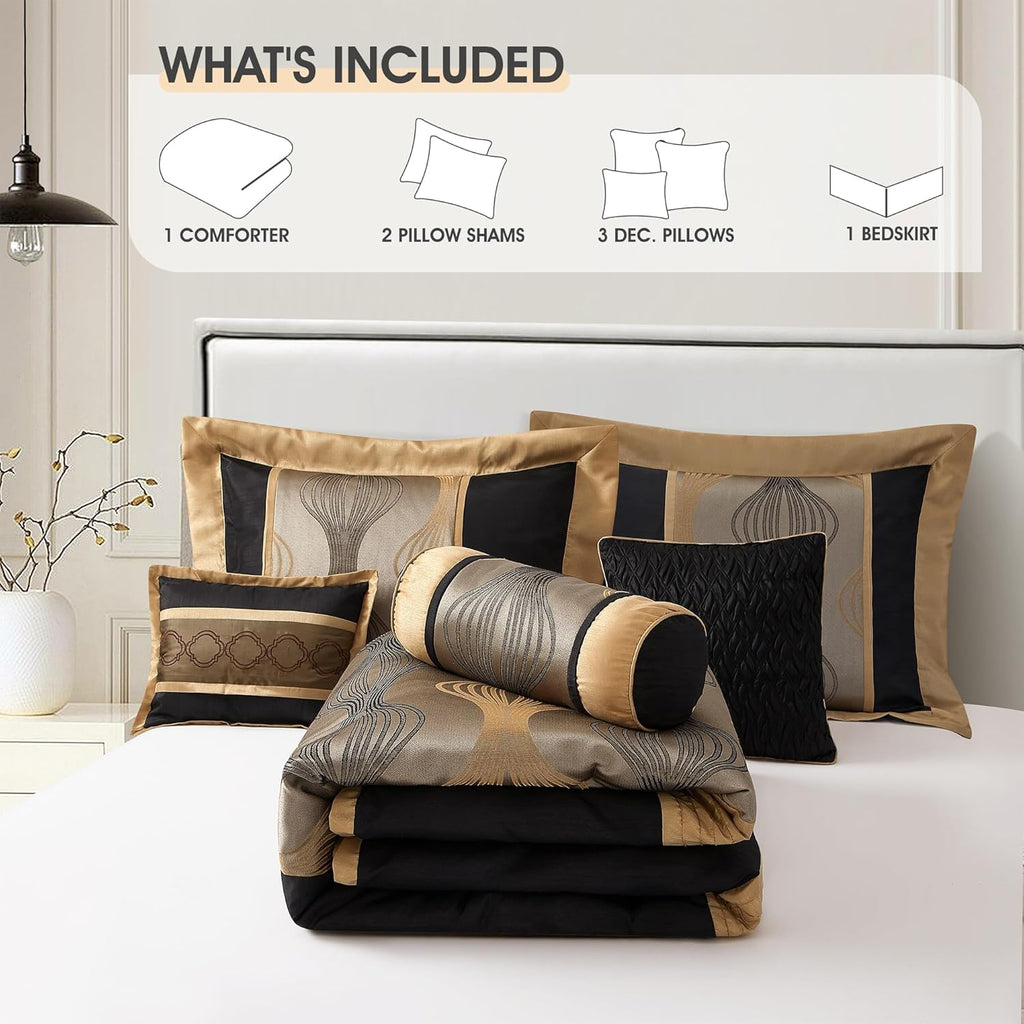 LANCO MODERN LIFESTYLE King Comforter Set, Black Gold, 7 Pieces Bed in a Bag, Ultra Soft Jacquard with Solid Piecework, Luxury Bed Set with Comforters, Bed Skirt, Pillow Shams and Decorative Pillows