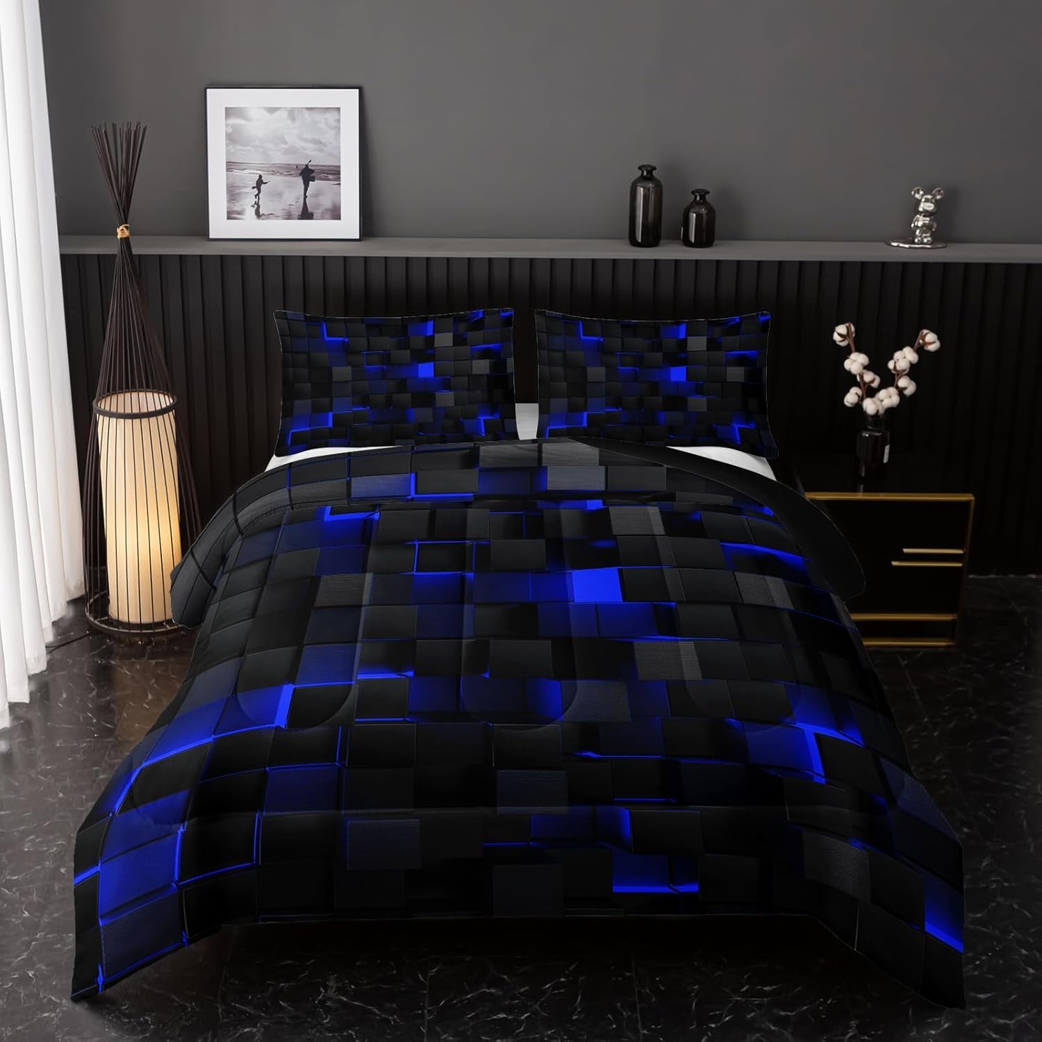 Nttopship Neon Blue Black Comforter Set King Geometric Kids Bedding Set,3 PCS Geometry Honeycomb Bed Set Modern Quilt Set 1 Comforter 2 Pillow Cases Cool Room Decor All Season B-Side Black