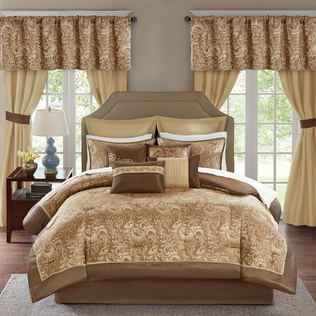 Madison Park Essentials Brystol 24 Piece Room in a Bag Faux Silk Comforter Jacquard Paisley Design Matching Curtains down Alternative Hypoallergenic All Season Bedding-Set, Queen(90"X90"), Brown