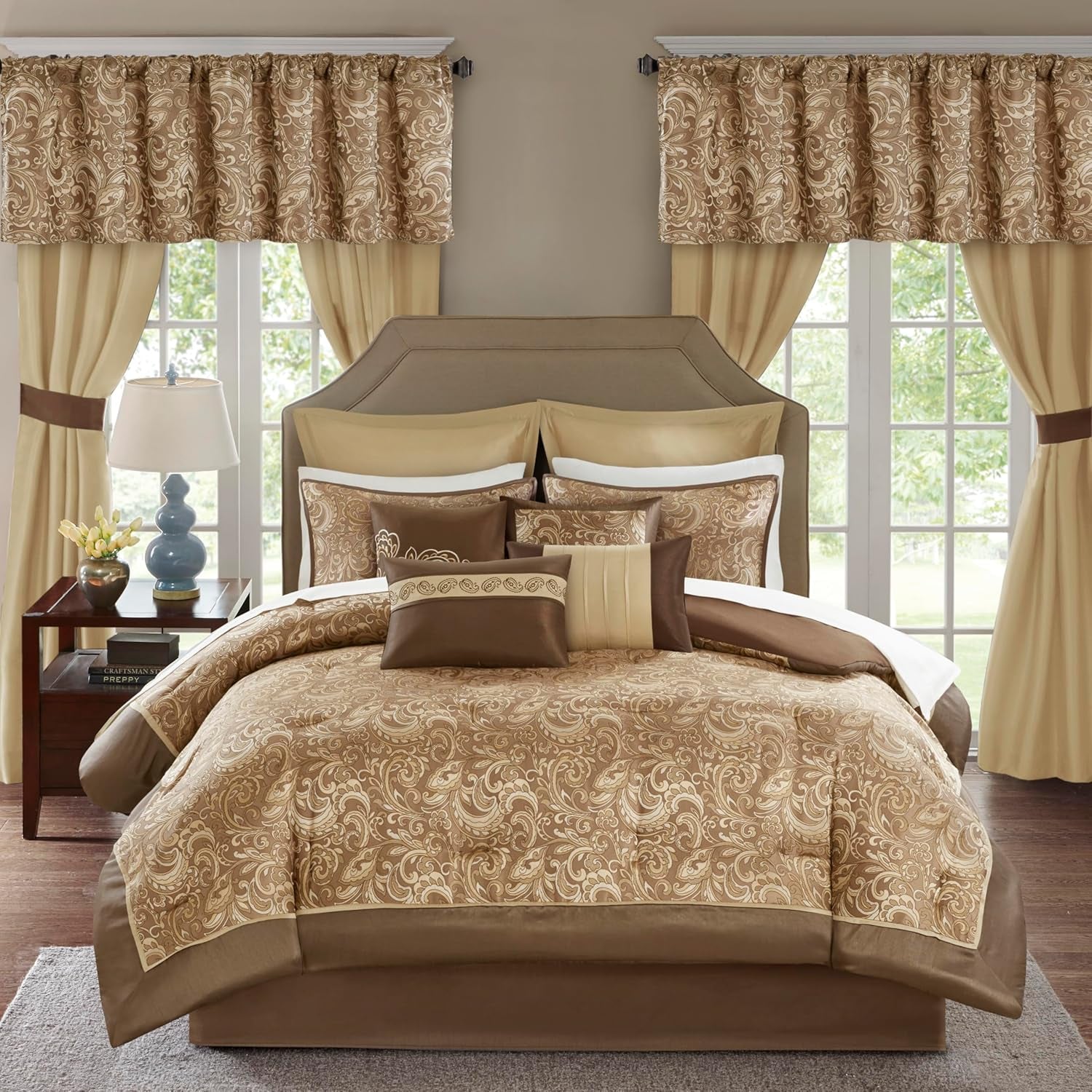 Madison Park Essentials Brystol 24 Piece Room in a Bag Faux Silk Comforter Jacquard Paisley Design Matching Curtains down Alternative Hypoallergenic All Season Bedding-Set, Queen(90"X90"), Brown