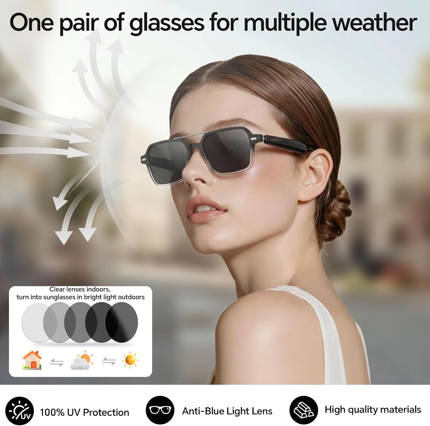 Aviator Smart Glasses for Men & Women, Audio Bluetooth Glasses, Wear Induction Power On/Off, Touch Control, Photochromic Lens, Smart Sunglasses, Music, Hands-Free Calls, Uv/Blue Light Protection