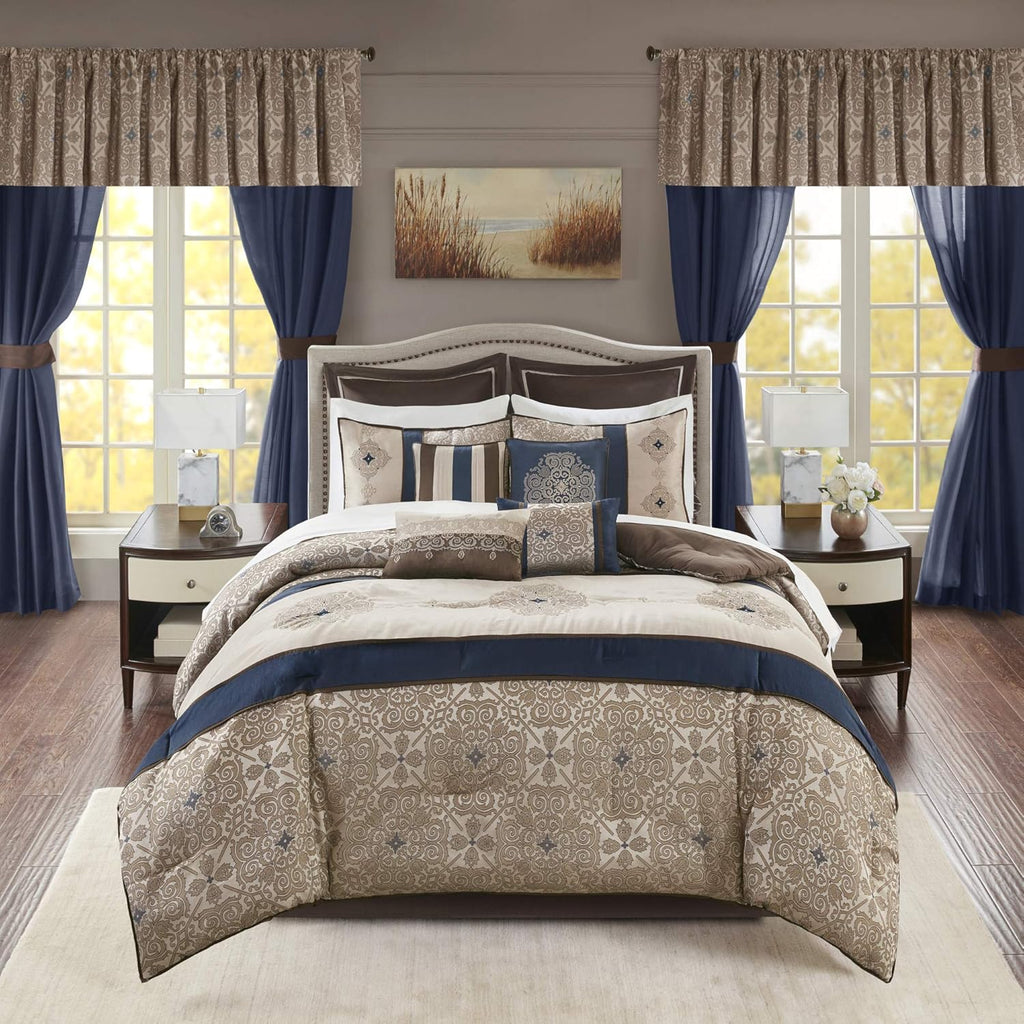 Madison Park Essentials Delaney 24-Piece Room in a Bag Comforter Set-Satin Jacquard All Season Luxury Bedding, Sheets, Decorative Pillows and Curtains, Valance, Queen (90 in X 90 In), Medallion Navy
