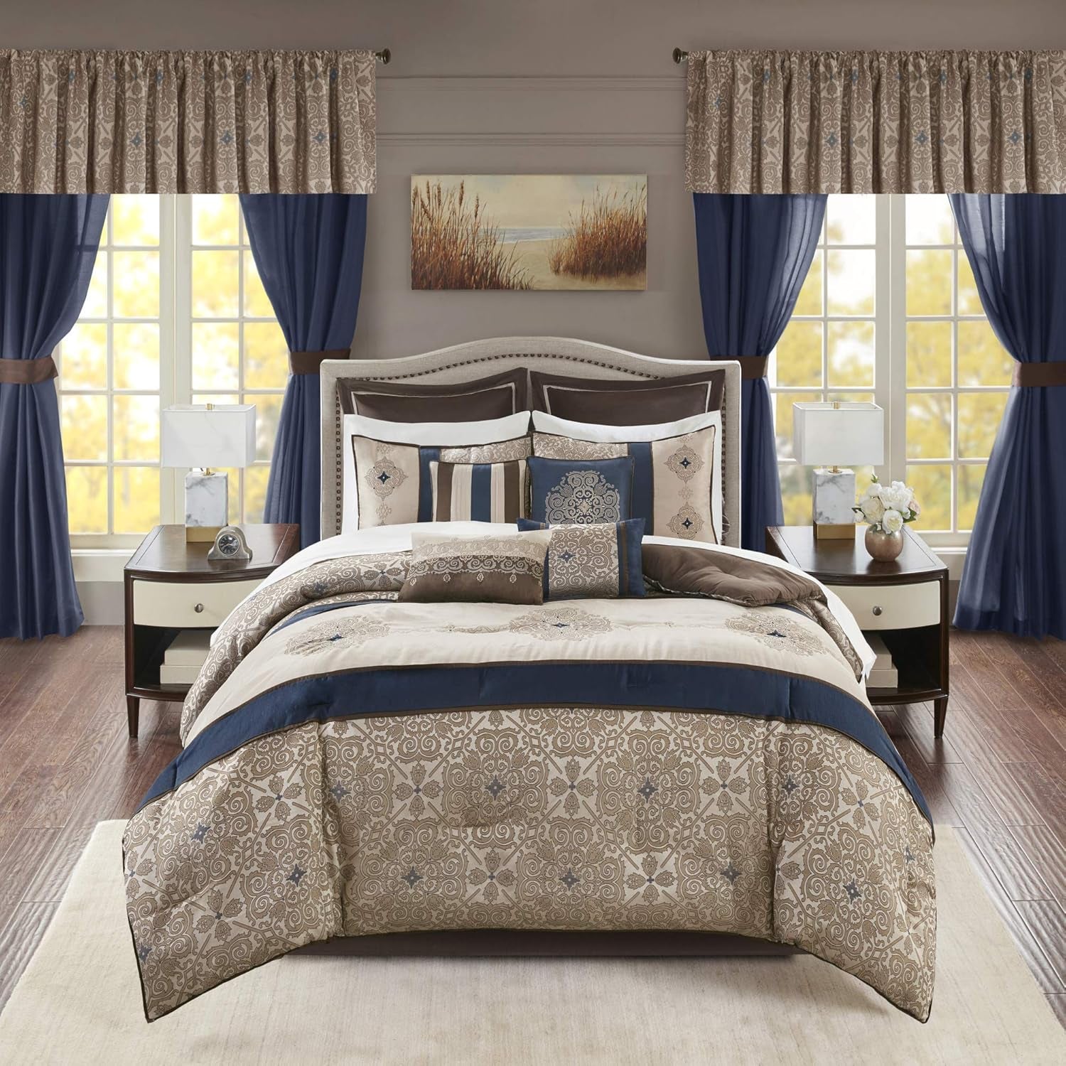 Madison Park Essentials Delaney 24-Piece Room in a Bag Comforter Set-Satin Jacquard All Season Luxury Bedding, Sheets, Decorative Pillows and Curtains, Valance, Queen (90 in X 90 In), Medallion Navy