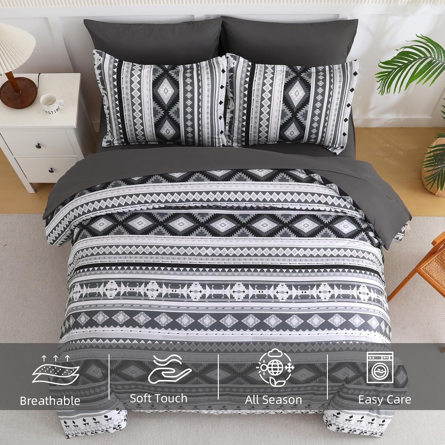 Dinjoy Dark Grey Boho Comforter Set Queen Size,7 Pieces Bed in a Bag Queen Warm Black Bedding Sets with Sheets Aztec Comforters Mens Striped Complete Set for Fall Winter 90"X90"