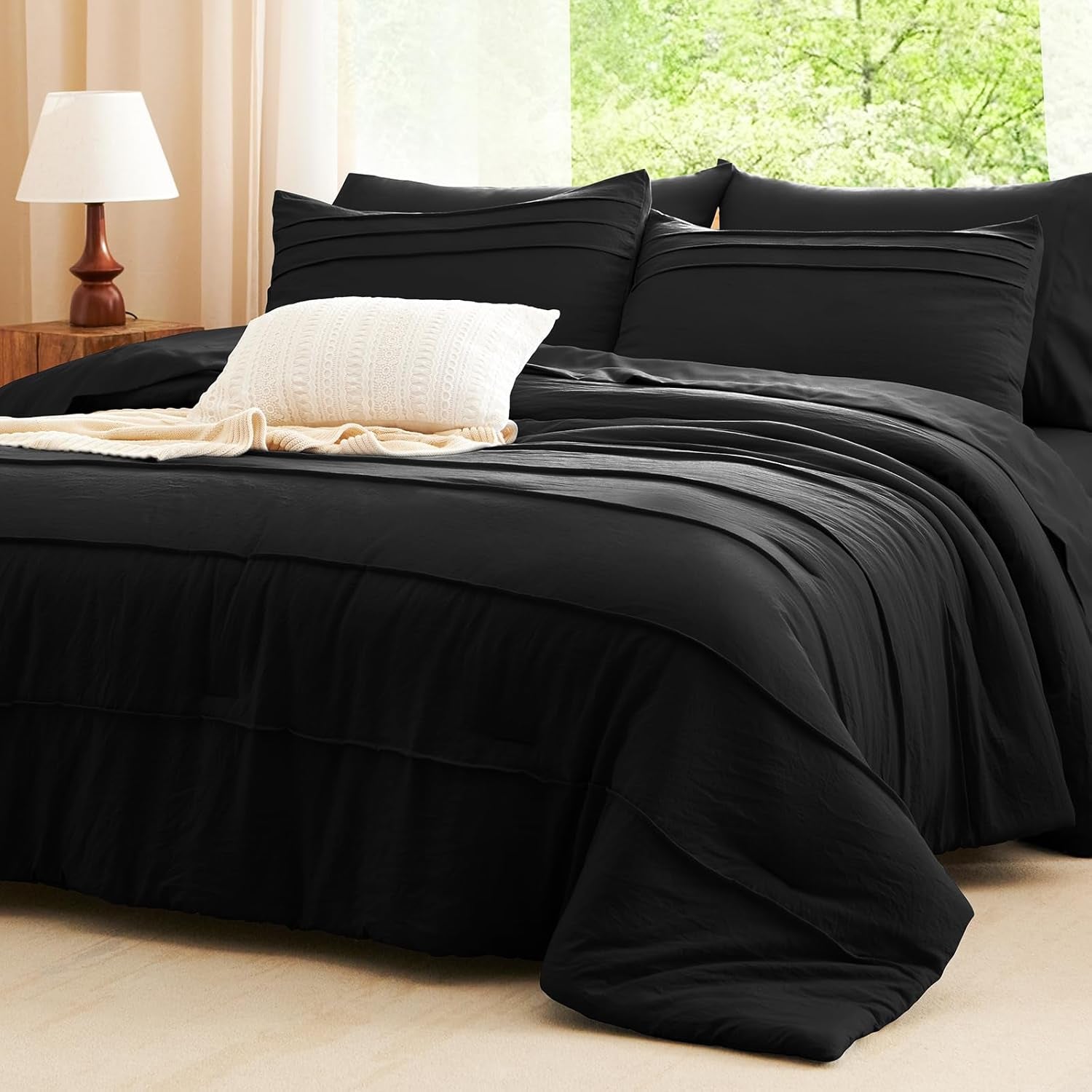 Cozylux Queen Comforter Set Black, 7 Pieces Soft Pinch Pleat Bed in a Bag Queen Comforter Set with Sheets, Boho Bed Set with down Alternative Comforter, Sheets, Pillowcases & Shams
