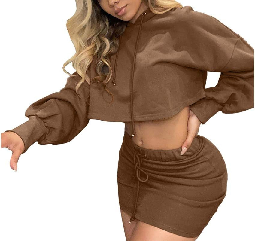 Remelon Women Sweatshirt 2 Piece Outfits Mini Dress Hoodie Tunic Long Sleeve Crop Top Skirt Set Coffee XL