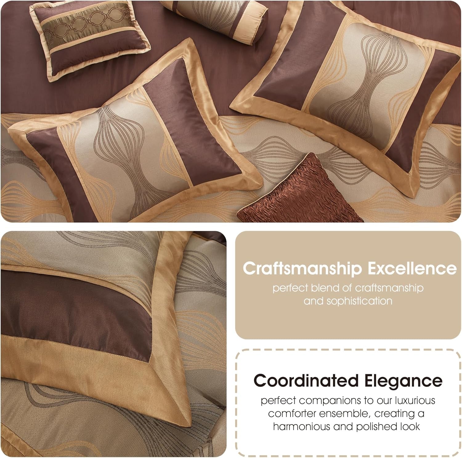 Grand Avenue Elegant Jacquard Brown Comforter Set, Size Queen, 7 Piece Bed in a Bag, Striped Bedding Set All Season, Matching Decorative Pillows, Pillow Shams & Bed Skirt