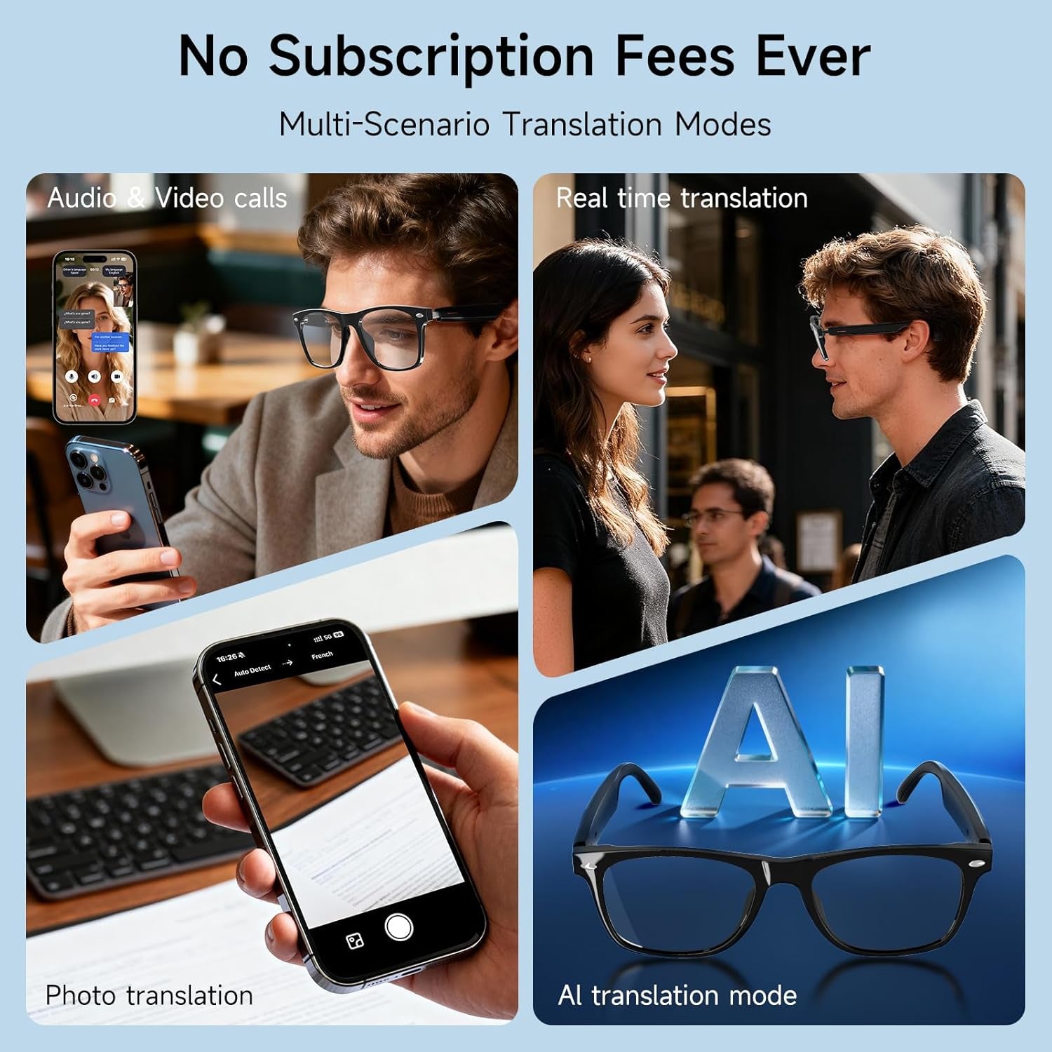 AI Translation Smart Glasses with Chat GPT for Men and Women, Bluetooth Sunglasses with Translator 164 Languages and Color-Change Lens, Music Playback & Hands-Free Calls, UV & Blue Light Protection