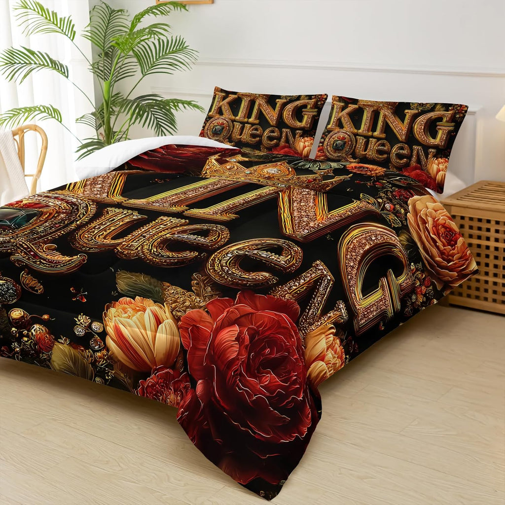 King and Queen Comforter Set Black and Gold，King and Queen Bedding Set，Red Floral Quilt Set Queen Size，With 1 Comforter with 2 Pillow Case
