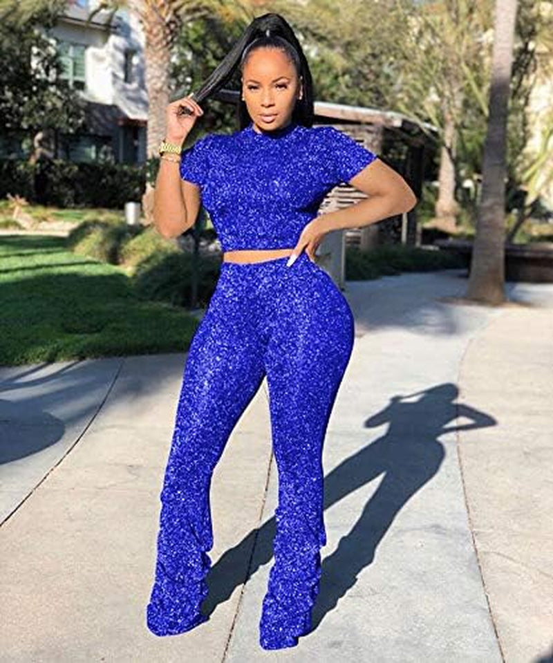 Mintsnow Jumpsuits for Women Casual 2 Piece Sets Sexy Crop Tops Stacked Pants Sweat Suits Blue M