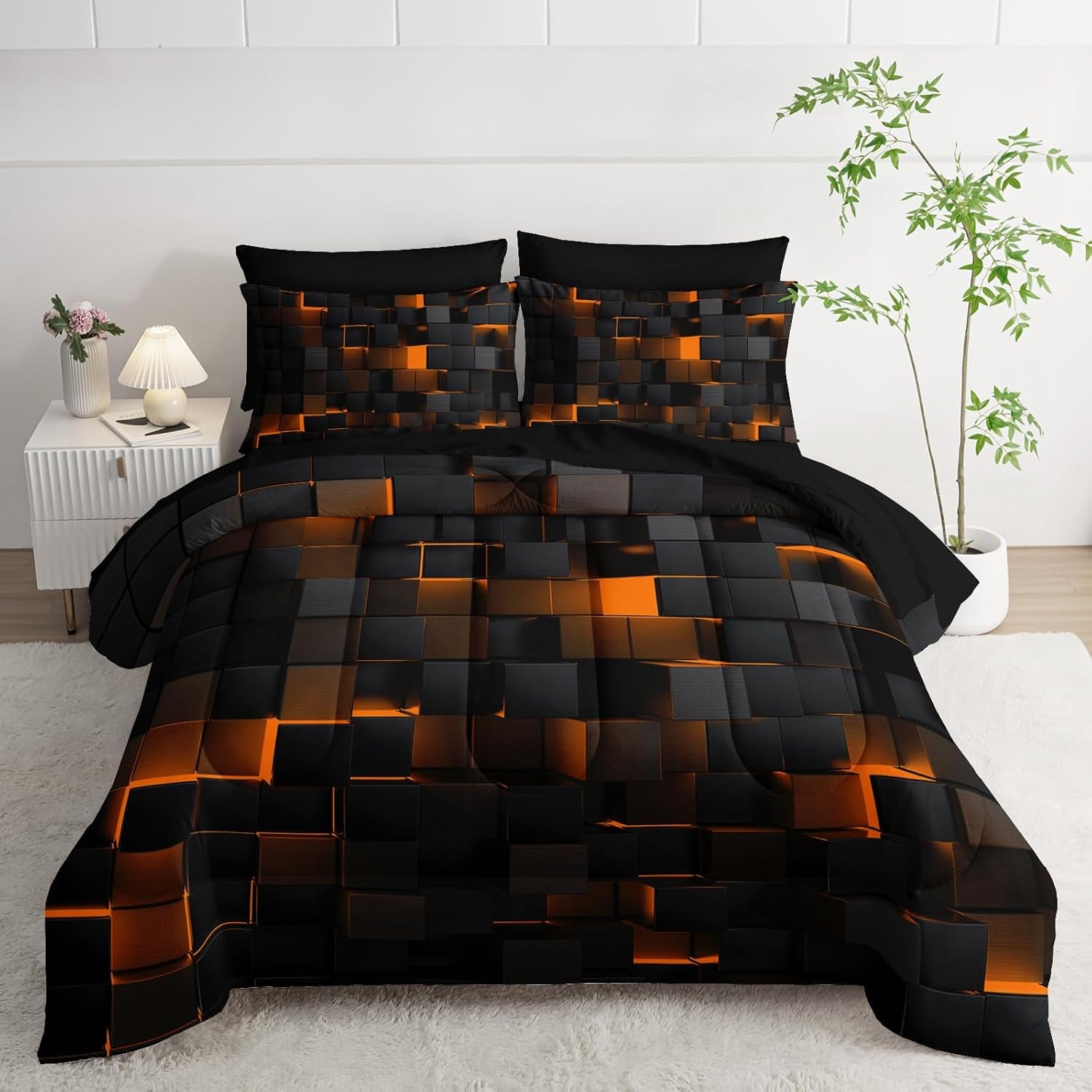 Nttopship Geometric Yellow Black King Comforter Set,Light Honeycomb Bedding Set 7 Piece in a Bag,Bed Sheet Set Geometry Decor,Microfiber Lightweight All Season