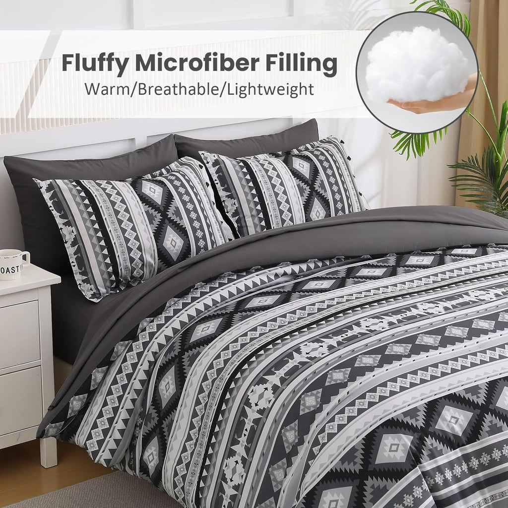 Dinjoy Dark Grey Boho Comforter Set Queen Size,7 Pieces Bed in a Bag Queen Warm Black Bedding Sets with Sheets Aztec Comforters Mens Striped Complete Set for Fall Winter 90"X90"