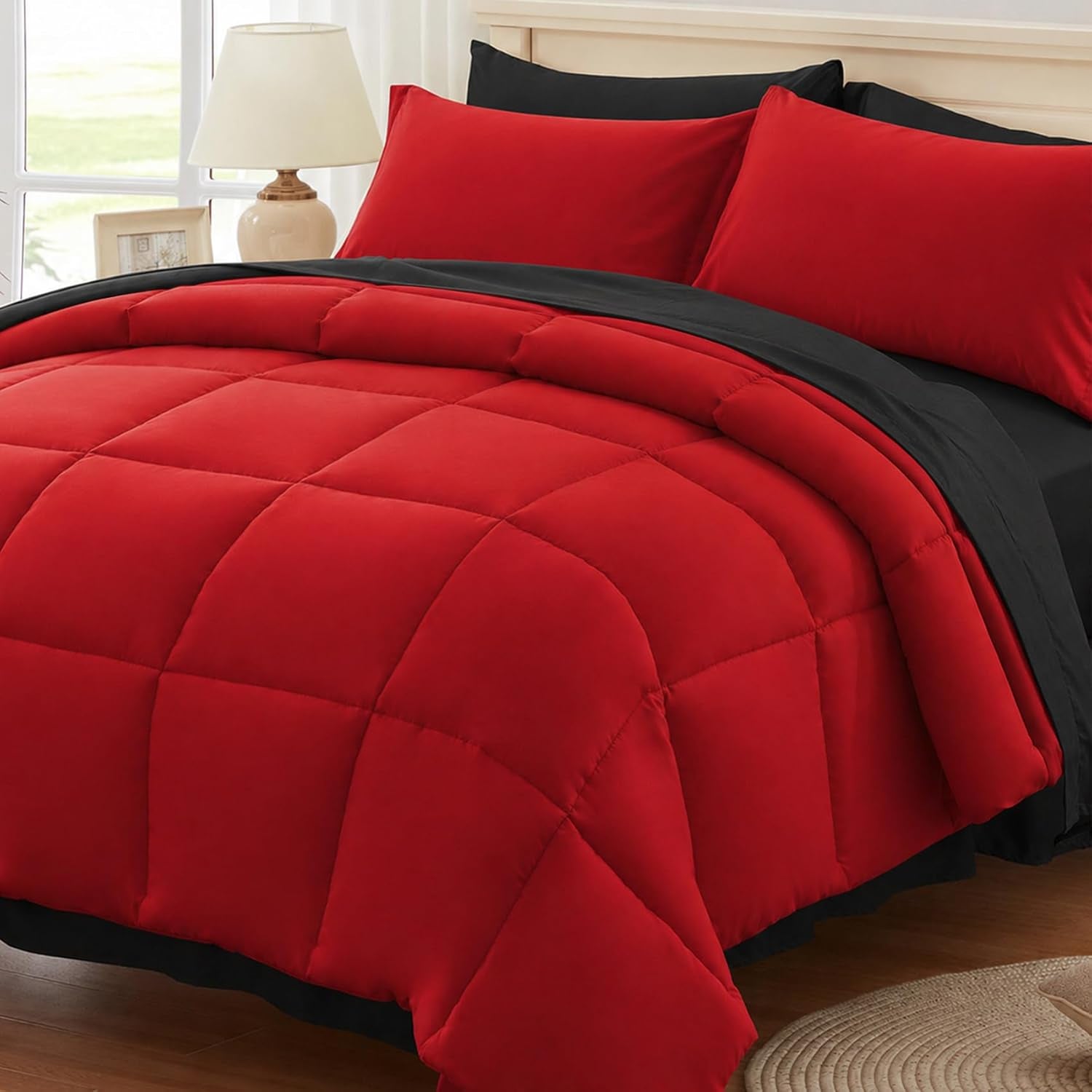 Anluoer King Size Comforter Set 7 Pieces, Reversible Bed in a Bag King Size,Lightweight Bedding Set with Comforter(102"X90"), 2 Pillow Shams, 2 Pillowcases, 1 Flat Sheet, 1 Fitted Sheet,Red & Black