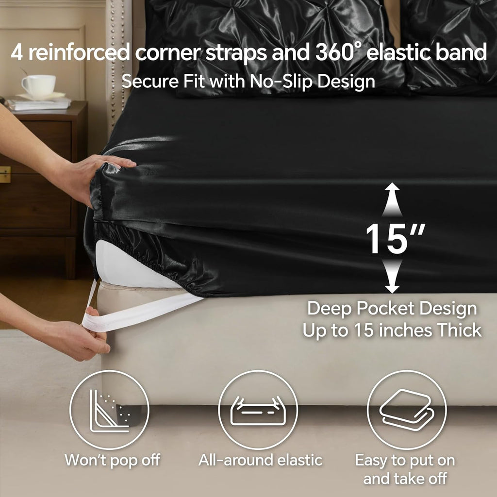 BEDELITE Satin Comforter Set Queen Size, 7 Pieces Pintuck Bed in a Bag with Comforter, Flat Sheet, Fitted Sheet, Pillowcases, Shams, Soft Cozy Similar to Silk Bed Set for All Seasons (Black)