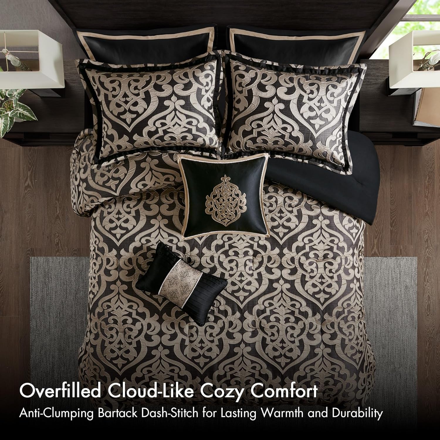 Madison Park Queen Comforter Set Damask Medallion Jacquard Comforters Queen Size Bed, Overfilled All Season Queen Bed Set, Bed Skirt, Shams, Decor Pillows, Odette, Queen(90 in X 90 In), Black 8 Piece