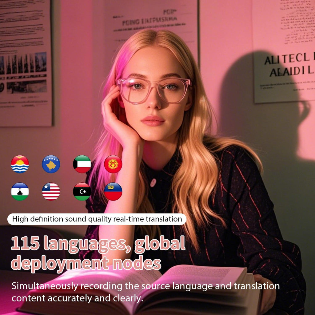 AI Smart Glasses for Women Men, Clear Frame Blue Light Glasses, Real-Time Translation（160+Languages), Photo Translation, No Subscription, Bluetooth 6.0 AI Translation Glasses for Business Travel-Pink