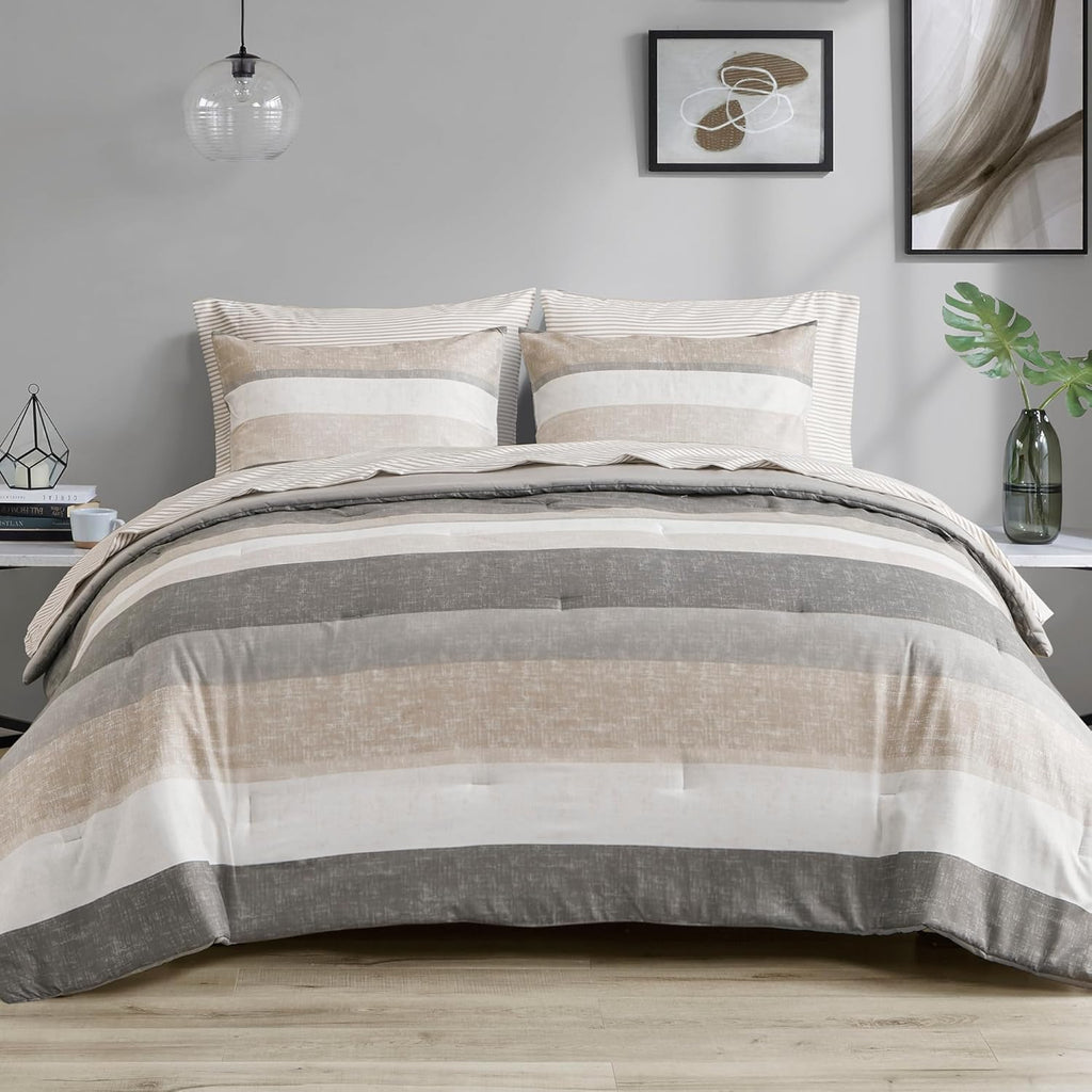 Madison Park Essentials Queen Comforter Set, Bed in a Bag Comforter & Sheet Set, Modern Casual Stripes Print, All Seasons, Soft Microfiber Bedding Makeover, Matching Shams, Queen Taupe/Grey 7 Piece