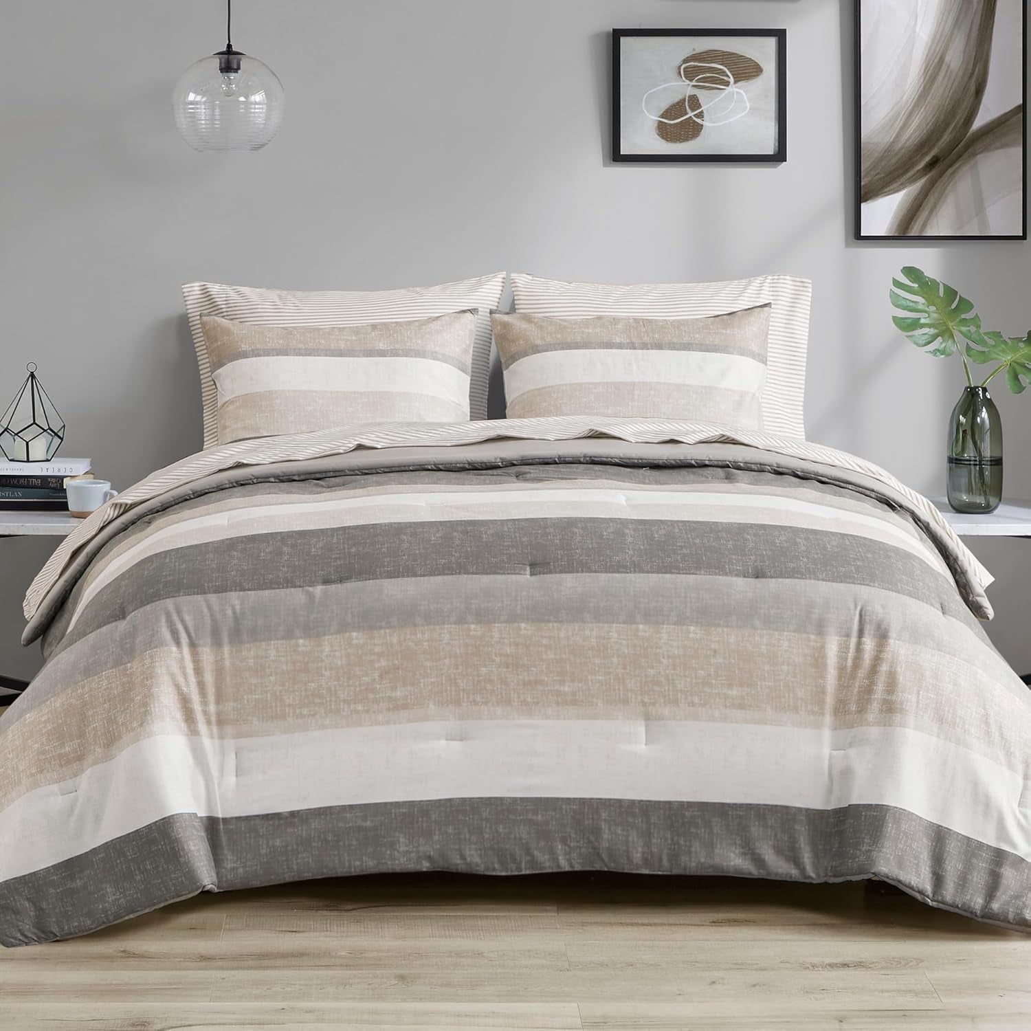 Madison Park Essentials Queen Comforter Set, Bed in a Bag Comforter & Sheet Set, Modern Casual Stripes Print, All Seasons, Soft Microfiber Bedding Makeover, Matching Shams, Queen Taupe/Grey 7 Piece
