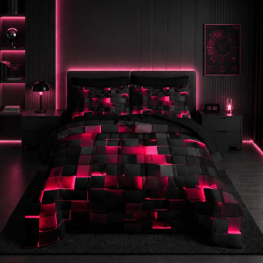 Nttopship Geometric Pink Black King Comforter Set,Light Honeycomb Bedding Set 7 Piece in a Bag,Bed Sheet Set Geometry Decor,Microfiber Lightweight All Season