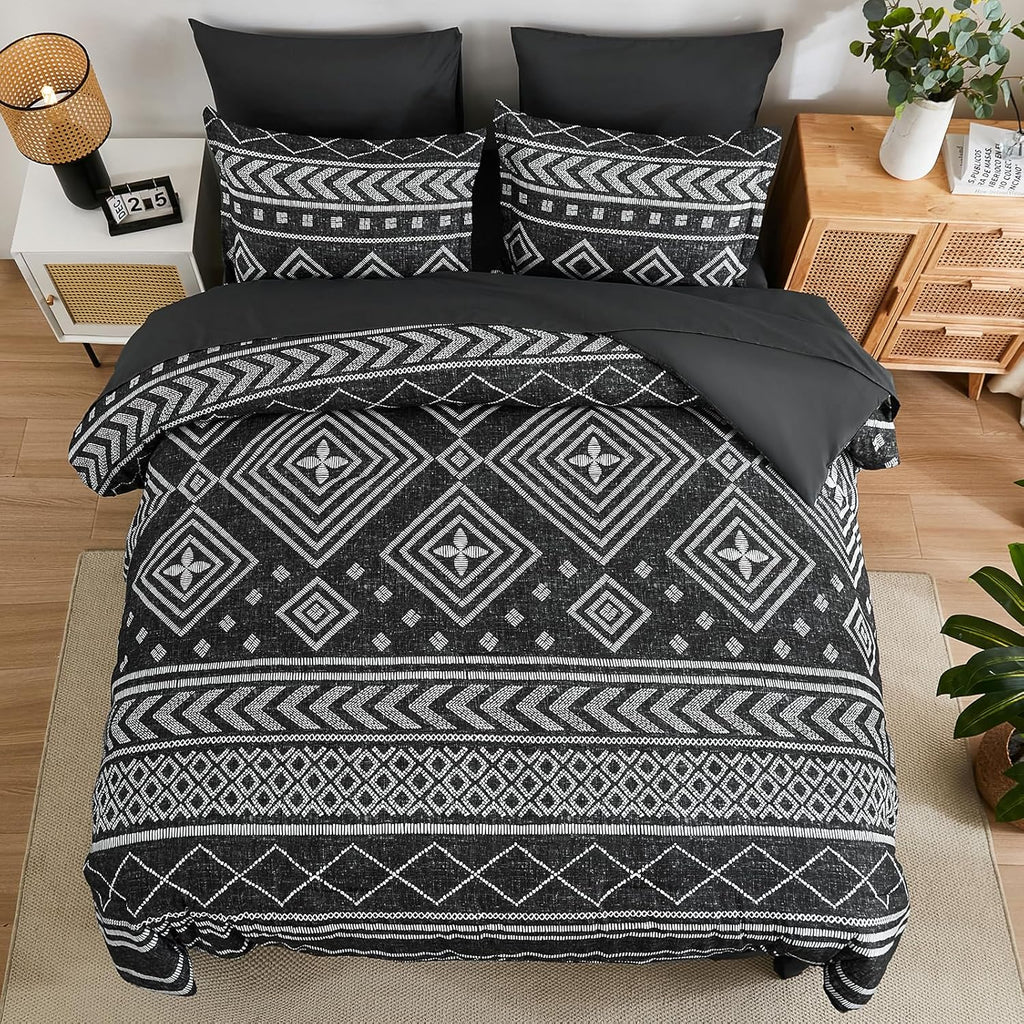 Yiran King Size Comforter Set, 7 Pieces Boho Bed in a Bag, Black Bedding Set for All Seasons, Lightweight Comforter Bed Set with Sheets, Pillowcases & Shams