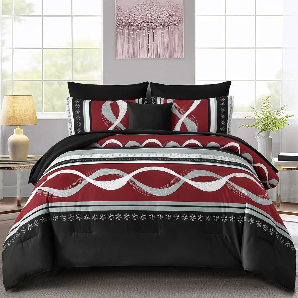 Anibedding Burgundy Comforter Set King Size,8 Pieces Bed in a Bag Patchwork Striped Bedding Sets,Boho Soft Microfiber Bedding Set for All Season(104"×90")