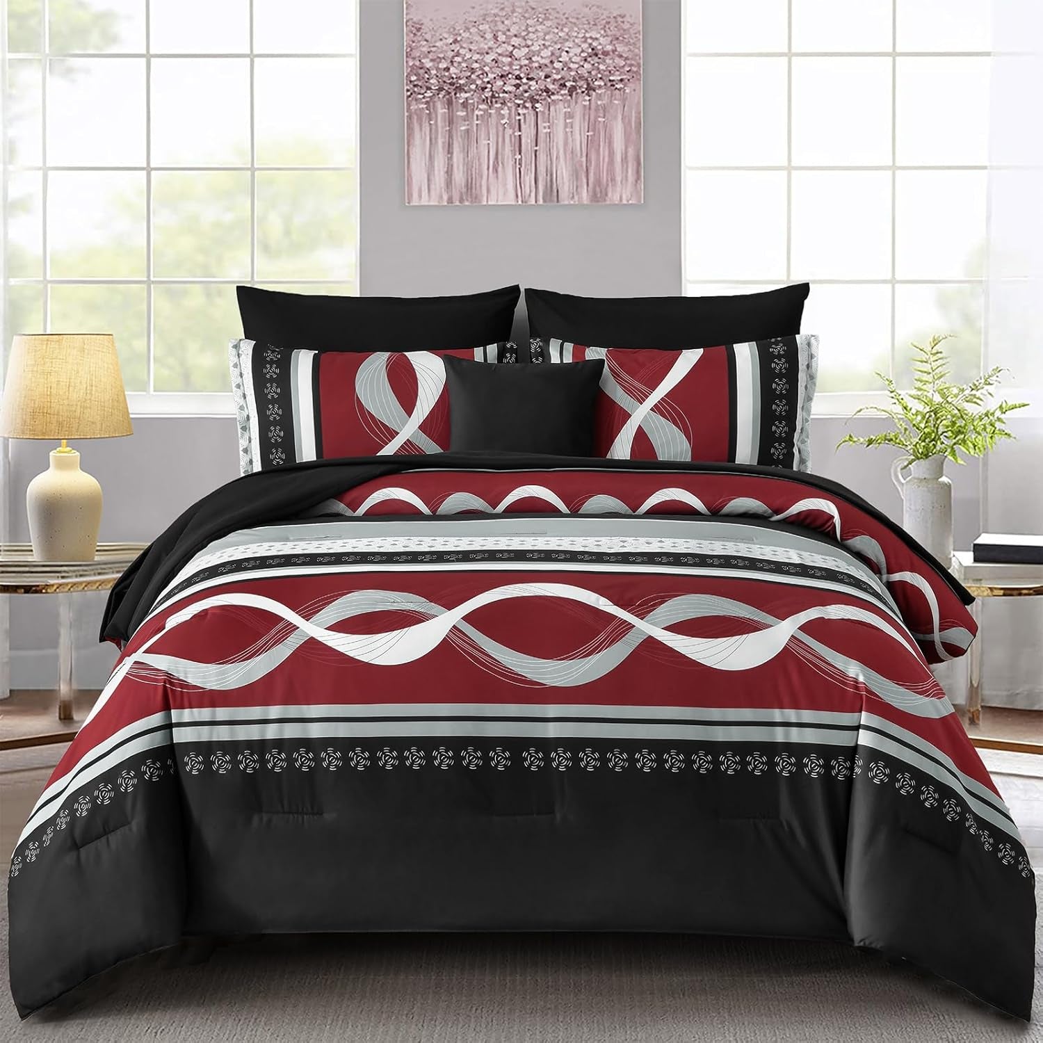 Anibedding Burgundy Comforter Set King Size,8 Pieces Bed in a Bag Patchwork Striped Bedding Sets,Boho Soft Microfiber Bedding Set for All Season(104"×90")