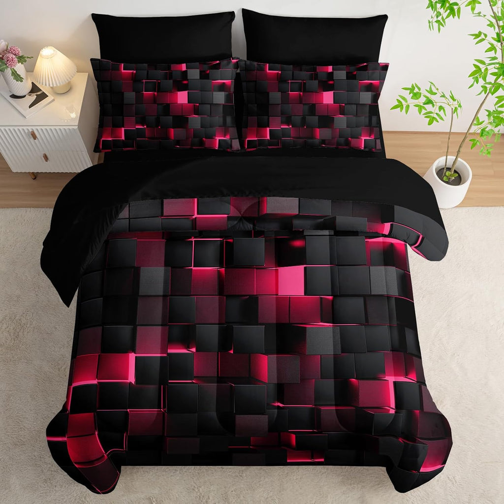 Nttopship Geometric Pink Black King Comforter Set,Light Honeycomb Bedding Set 7 Piece in a Bag,Bed Sheet Set Geometry Decor,Microfiber Lightweight All Season