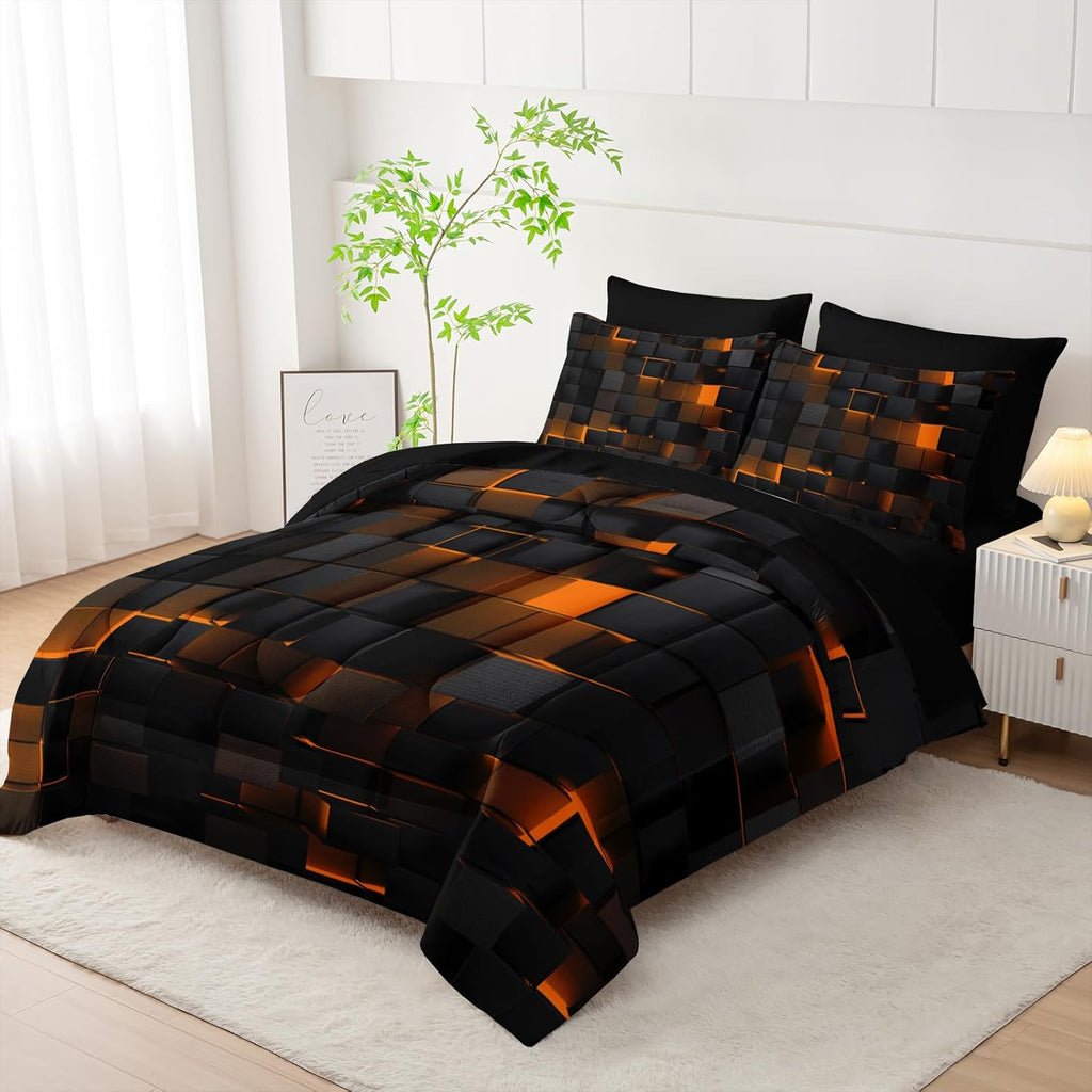 Nttopship Geometric Yellow Black King Comforter Set,Light Honeycomb Bedding Set 7 Piece in a Bag,Bed Sheet Set Geometry Decor,Microfiber Lightweight All Season
