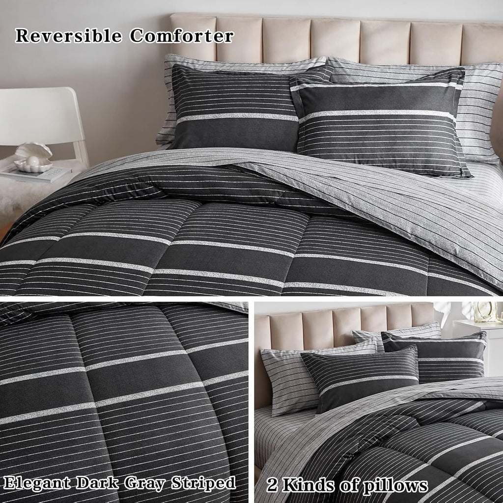 Flysheep Ombre Boho Striped Bed in a Bag 7 Pieces Queen Size, White Striped on Black Dark Gray Comforter Sheet Set (1 Comforter, 1 Flat Sheet, 1 Fitted Sheet, 2 Pillow Shams, 2 Pillowcases)