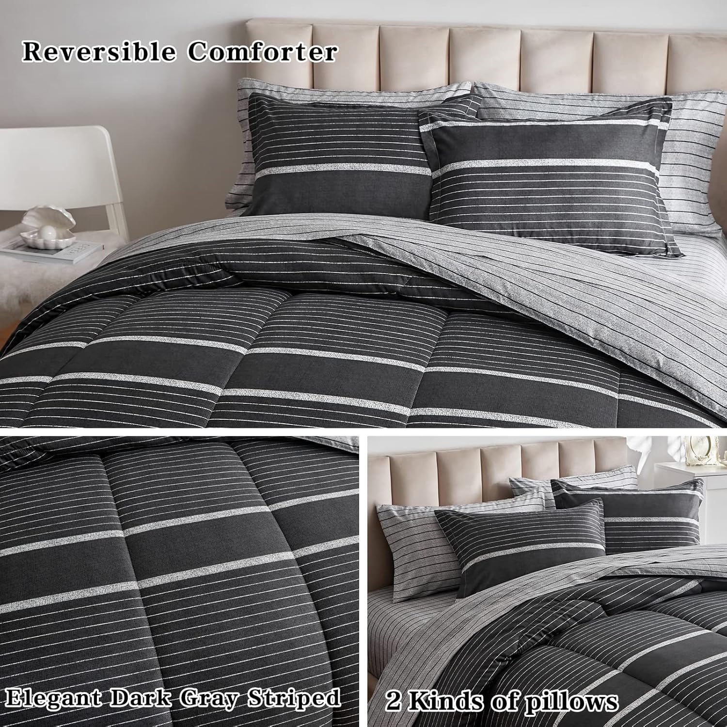 Flysheep Ombre Boho Striped Bed in a Bag 7 Pieces Queen Size, White Striped on Black Dark Gray Comforter Sheet Set (1 Comforter, 1 Flat Sheet, 1 Fitted Sheet, 2 Pillow Shams, 2 Pillowcases)