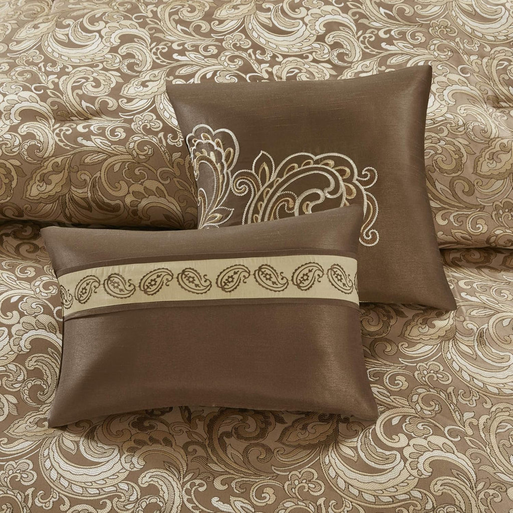 Madison Park Essentials Brystol 24 Piece Room in a Bag Faux Silk Comforter Jacquard Paisley Design Matching Curtains down Alternative Hypoallergenic All Season Bedding-Set, Queen(90"X90"), Brown