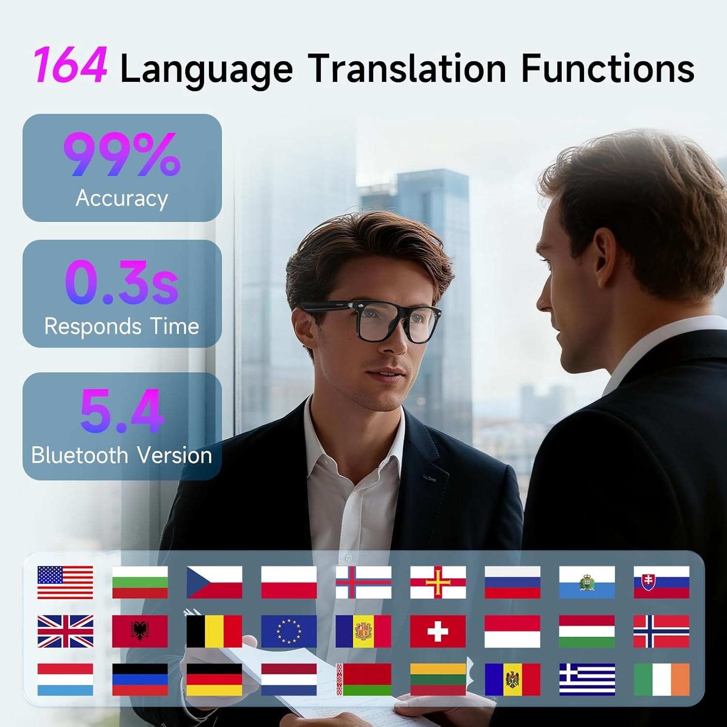 AI Translation Smart Glasses with Chat GPT for Men and Women, Bluetooth Sunglasses with Translator 164 Languages and Color-Change Lens, Music Playback & Hands-Free Calls, UV & Blue Light Protection