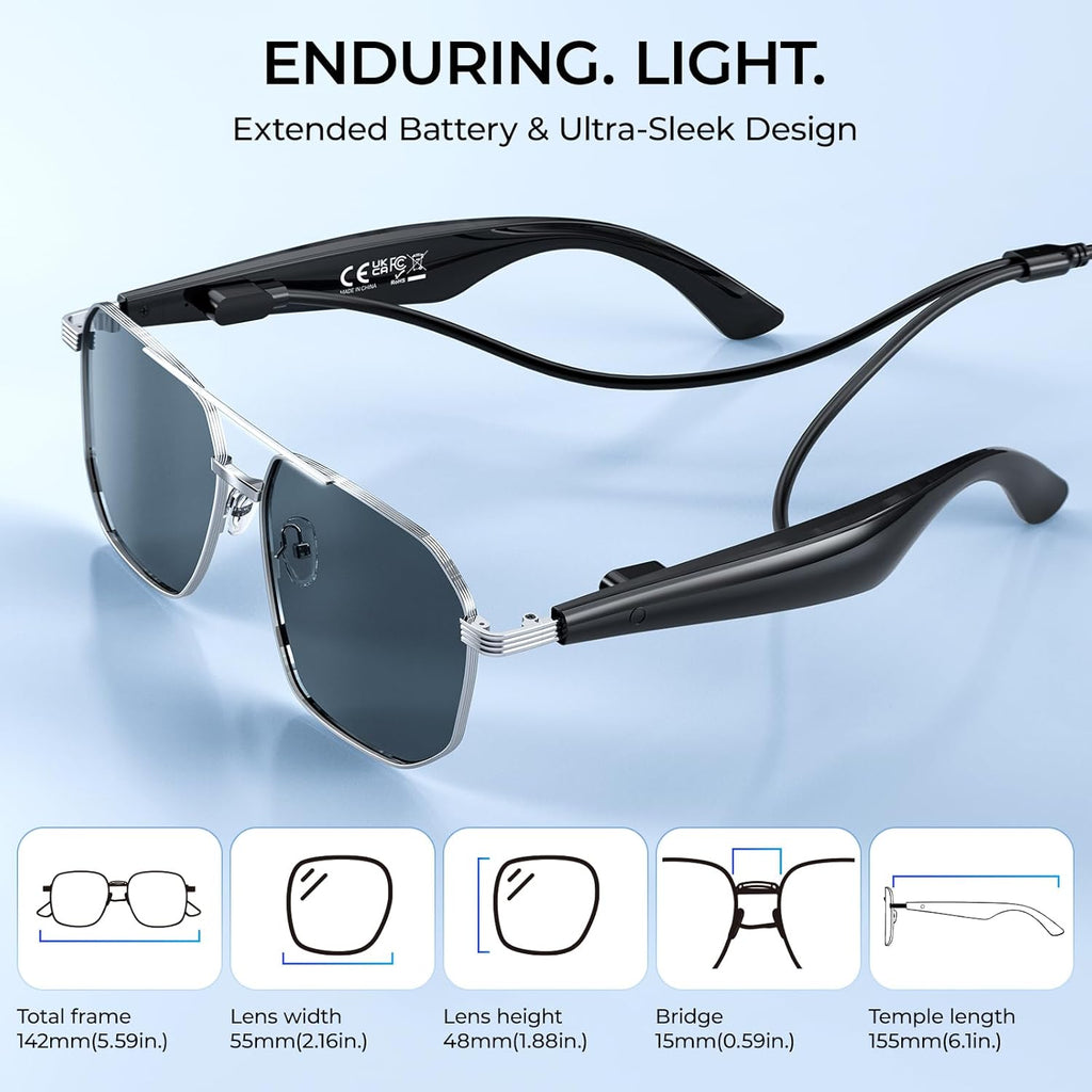 Smart AI Glasses with 100+ Language Translation, Bluetooth 5.4 Glasses with Chat GPT, Blue Light Filtering Lenses with Lightweight Metal Frame Sunglasses, Smart Glasses for Men Women Travel Business