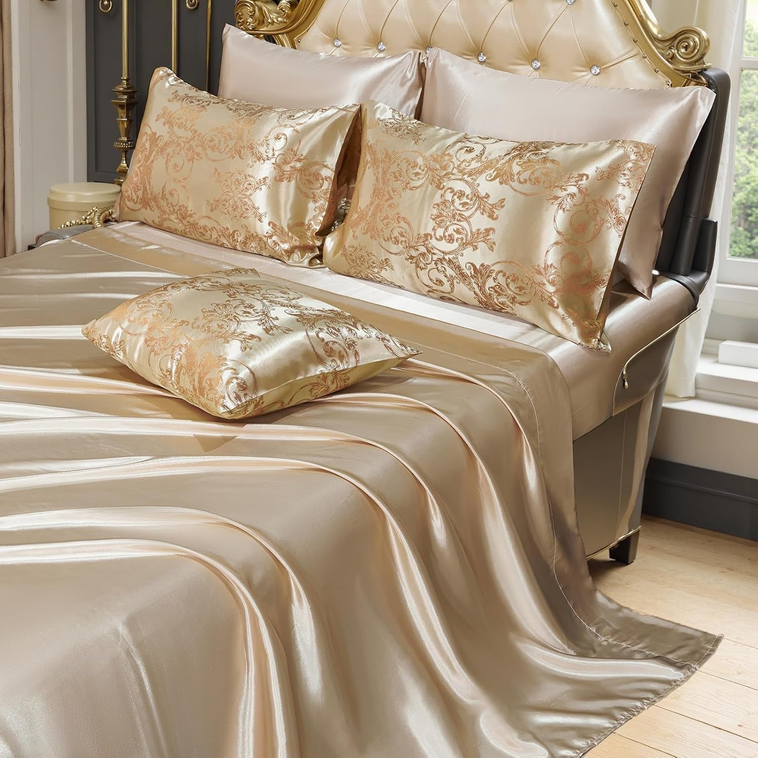 Queen Size 8-Piece Jacquard Comforter Set with Satin Sheets Set – Elegant Coordinated Bedding Collection for Bedroom
